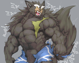 5_fingers anthro biceps big_muscles black_body black_fur blue_bottomwear blue_clothing bottomwear clothing eyebrows fangs fingers fist fur green_clothing green_topwear grey_background huge_muscles looking_at_self male monotone_body monotone_fur muscular muscular_anthro muscular_male obliques open_mouth pecs pink_tongue pose pupils simple_background slit_pupils solo tail teeth text thick_eyebrows tongue tongue_showing topwear torn_bottomwear torn_clothing torn_topwear tremble_spikes white_bottomwear white_clothing white_eyebrows white_sclera yellow_eyes captainjohkid canid mammal 2018 5:4 digital_drawing_(artwork) digital_media_(artwork) half-length_portrait hi_res japanese_text portrait translation_request