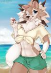2017 anthro ballistic-cottontail beach blue_eyes bottomwear breasts brown_body brown_fur brown_hair canid canine claws clothed clothing cloud cosplay day dipstick_ears ear_markings english_text female fur generation_7_pokemon hair hand_on_hip hi_res holding_object holding_pokeball looking_at_viewer lycanroc mammal midday_lycanroc midriff multicolored_ears navel neck_tuft nintendo one_eye_closed outside pokeball pokemon pokemon_(species) pokemorph portrait sand seaside selene_(pokemon) shirt shorts signature sky solo standard_pokeball text three-quarter_portrait tongue tongue_out topwear tuft wink