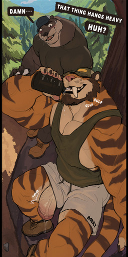 against_natural_surface against_surface against_tree anthro barazoku baseball_cap beard big_muscles big_penis black_lips bodily_fluids boots bottle brown_body brown_fur clothing container drinking_water dripping duo facial_hair fangs flaccid footwear fur genital_fluids genitals glans hat hat_over_eyes headgear headwear hiking huge_penis lips male muscular nature orange_body orange_fur penis penis_poking_out penis_through_leghole plant precum precum_drip sabertooth_(anatomy) shirt shoes t-shirt tank_top teeth text thick_penis topwear tree vein veiny_penis water_bottle whiskers marius_tygo bruce_(ara_chibi) felid mammal mustelid otter pantherine prehistoric_species saber-toothed_tiger tiger absurd_res english_text hi_res