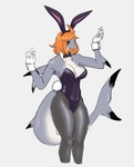 anthro arm_fins big_breasts black_tip_tail blank_expression bow_tie breasts cleavage clothed clothing collar countershading cuffs_(clothing) dorsal_fin fake_ears fake_rabbit_ears fake_rabbit_tail fake_tail female fin gloves grey_body grey_skin hair handwear leggings legwear leotard light_belly long_tail looking_at_viewer multicolored_body multicolored_skin navel_outline nipple_outline non-mammal_breasts non-mammal_hair onesie orange_hair playboy_bunny raised_arm red_eyes shark_tail sharp_teeth simple_background small_waist solo tail tail_fin teeth two_tone_body two_tone_skin white_clothing white_gloves white_handwear wide_hips exuvialremains blacktip_shark carcharhinus fish marine requiem_shark shark absurd_res alternate_version_at_source colored hi_res shaded