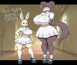 anthro big_breasts blush breasts brown_body brown_fur cheek_tuft clothed clothing dialogue dress duo facial_tuft female footwear fur furgonomics hand_on_hip huge_breasts long_ears school_uniform shoes shortstack shortstack_female socks tail tail_through_skirt take_your_pick text thick_thighs tuft uniform white_body white_fur wide_hips mehdrawings beastars haru_(beastars) juno_(beastars) canid canine canis lagomorph leporid mammal rabbit wolf 2025 absurd_res english_text hi_res