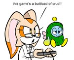 2024 angry_video_game_nerd anthro chao_(sonic) cheese_the_chao child clothing controller cosplay cream_the_rabbit dialogue dress_shirt duo english_text eyewear female game_controller gaming glasses hi_res humor lagomorph leporid lettuce_(artist) male mammal pickle_costume rabbit sega shirt shit_pickle simple_background sonic_the_hedgehog_(series) text topwear white_background young young_anthro young_female