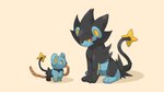 ambiguous_gender black_body black_fur blue_body blue_fur duo feral food fur meat quadruped sausage simple_background sitting size_difference standing pukupukudragon nintendo pokemon generation_4_pokemon luxray pokemon_(species) shinx 16:9 widescreen