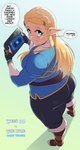 big_butt blonde_hair blush breath_of_the_wild butt clothed clothing coffeeslice english_text female fully_clothed hair hi_res humanoid humanoid_pointy_ears hylian looking_at_viewer looking_back nintendo not_furry princess_zelda slightly_chubby slightly_chubby_female solo text the_legend_of_zelda thick_thighs translated