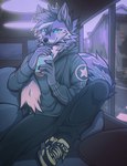 anthro blue_eyes bottomwear building clothing container cup drinking drinking_straw fur hoodie house inside jacket male neighborhood pants plantigrade slushie solo topwear angiewolf canid canine canis mammal wolf 2021