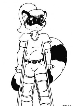 anthro belt bottomwear clothing crutch disability female hair markings medical_instrument pants ring_(marking) ringed_tail scientific_instrument shirt simple_background solo striped_markings striped_tail stripes tail tail_markings topwear white_background michele_light rachelle_(character) mammal procyonid raccoon 1997 black_and_white monochrome
