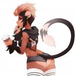 anthro beverage biped bottomwear breasts butt clothed clothing container cup ear_piercing female food furgonomic_bottomwear furgonomics legwear looking_at_viewer looking_back navel orange_eyes pen piercing rear_view shorts simple_background smile solo standing stockings tail tail_button_bottoms tail_clothing white_background geekidog cookie_(solfanger) haplorhine mammal monkey primate 2016 digital_media_(artwork) hi_res portrait three-quarter_portrait