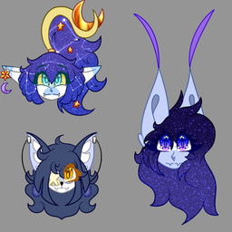 anthro chibi colored_sclera fangs female fluegle fluffy fluffy_hair fox_ears glowing glowing_eyes grey_background group hair horn long_hair pointy_ears purple_eyes purple_hair simple_background sparkles star_(sky) star_(symbol) teeth wings yellow_eyes yellow_sclera ravyn_pain angel canid canine domestic_cat elf felid feline felis fox humanoid mammal 1:1 absurd_res digital_drawing_(artwork) digital_media_(artwork) hi_res