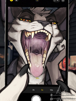 anthro black_clothing black_topwear bodily_fluids brown_eyes cellphone clothed clothing duo electronics epiglottis front_view fur grey_body grey_fur head_tuft holding_object holding_phone looking_at_viewer male male_anthro mouth_shot narrowed_eyes open_mouth phone pink_tongue saliva saliva_on_tongue saliva_string sharp_teeth smartphone teeth tongue tongue_out topwear tuft white_body white_fur yellow_sclera acidic alv cid_(acidic) felid mammal 3:4