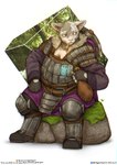 anthro armor biped blue_eyes breastplate cigarette cigarette_in_mouth clothing digitigrade female female_anthro fingerless_gloves fur_collar gloves hairless handwear lamellar_armor mottled mottled_body mottled_skin multicolored_body object_in_mouth overweight overweight_anthro overweight_female pauldron pickaxe pink_nose poleyn rock sitting solo white_body white_skin the_gentle_giant dungeons_and_dragons hasbro wizards_of_the_coast nori_storr_kottr domestic_cat felid feline felis hairless_cat mammal sphynx_(cat) tabaxi 2025 absurd_res digital_media_(artwork) hi_res