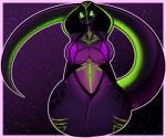 anthro big_breasts bikini breasts cleavage clothed clothing curvy_figure female green_markings markings non-mammal_breasts one-piece_swimsuit purple_body purple_skin sling_bikini snake_hood solo swimwear tail thick_tail thick_thighs two-piece_swimsuit voluptuous wide_hips tehbuttercookie qhala cobra reptile scalie snake 2016 hi_res