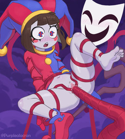 4_toes anus bdsm blush bodily_fluids bondage bottomless bound brown_hair clitoris clothed clothing duo feet female female/female fool's_hat footwear genital_fluids genitals hair hat headgear headwear jester magic_user mask navel one_shoe_on open_mouth penetration pubes purple_clouds restrained_arms restrained_legs ribbon_bondage ribbons sex shoes size_difference spread_legs spread_vulva spreading staff tentacle_sex tentacles toes vaginal vaginal_penetration vulva wizard_robe purplealacran glitch_productions the_amazing_digital_circus gangle_(tadc) pomni_(tadc) animate_inanimate human humanoid living_mask mammal absurd_res hi_res