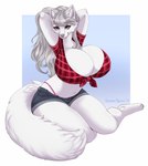 anthro big_breasts blue_bottomwear blue_clothing blue_hotpants blue_shorts bottomwear breasts clothed clothing female fur grey_hair grey_nose hair hotpants huge_breasts long_hair monotone_body monotone_fur pose red_clothing red_topwear shorts simple_background solo tail topwear white_body white_fur white_tail tiggybloom inora_weissklaue canid mammal 2021 dated hi_res signature