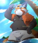 anthro belly bottomwear clothed clothing detailed_background humanoid_hands male moobs navel nipples open_clothing open_shirt open_topwear outside overweight overweight_anthro overweight_male red_eyes shirt shorts solo text topwear water chaseskyver skyverchase ailurid mammal red_panda 2019 english_text