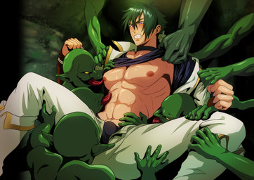 abs blush bulge clothed clothing erection erection_under_clothing green_body group human_on_humanoid humanoid_pointy_ears imminent_rape imminent_sex interspecies licking male male/male nipples not_furry pointy_ears spread_legs spreading tongue tongue_out undressing_another yellow_eyes yellow_sclera sana_(artist) goblin human humanoid mammal absurd_res character_request hi_res