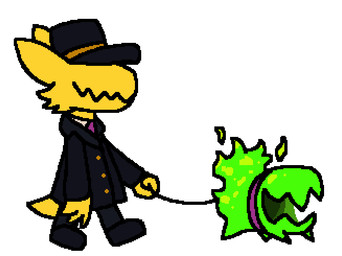 ambiguous_gender anthro biped clothed clothing collar duo feral fully_clothed hat headgear headwear leash on_leash quadruped side_view silly simple_background uniform walking white_background squeakitties a_hat_in_time horror_(nuclear_throne) the_conductor_(ahit) ambiguous_species monster aliasing digital_media_(artwork) male_(lore)