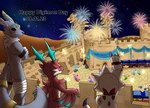 city digimon_day_2023 fireworks night nude chicostyx bandai_namco digimon fakemon ari_the_dracomon magi_the_kitsumon wynn_the_gammamon canid canine digimon_(species) dracomon fox gammamon mammal