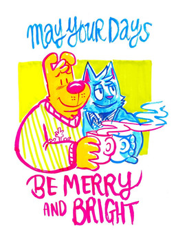 anthro beverage blue_body blue_fur blue_text clothing coffee coffee_cup container cup detailed_background duo fur holding_coffee_cup holding_container holding_cup holding_object male open_mouth open_smile pajamas pink_nose pink_text simple_background smile steam text white_background yellow_body yellow_fur billy_fore marco_and_marty marco_marcowitz marty_martin canid canine canis domestic_cat domestic_dog felid feline felis mammal english_text hi_res