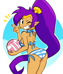 ball bikini breasts butt cleavage clothed clothing ear_piercing ear_ring female gesture hair hand_gesture humanoid_pointy_ears long_hair looking_at_viewer medium_breasts not_furry one_eye_closed piercing pointy_ears ponytail purple_hair ring_piercing simple_background smile solo sport swimwear two-piece_swimsuit v_sign volleyball volleyball_(ball) wedgie wink winking_at_viewer dingitydingus shantae_(series) wayforward shantae genie humanoid 2025 digital_media_(artwork) hi_res