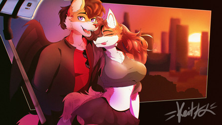 anthro big_breasts border bottomwear bra breasts brown_hair clothed clothing duo eyewear female glasses hair jacket leaning_on_another male male/female purple_eyes samsung_galaxy_note_7 selfie_stick shirt skirt skyline sunset topwear underwear keitfa canid canine mammal 16:9 hi_res warm_colors widescreen