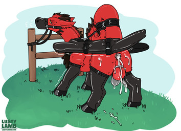 balls bdsm bodily_fluids boots bound bridle butt chastity_cage chastity_device clothing cum cum_in_ass cum_inside cum_on_butt cum_on_ground feral footwear fur genital_fluids genitals grass hoof_boots male muzzle_(object) muzzled outside over_sheath_chastity_cage petplay plant ponyplay public_use red_balls red_body red_fur reins roleplay sheath_chastity_cage shoes shuddering solo tail tail_tied text wings_tied conditional_dnp lustylamb mythology dragon furred_dragon furred_scalie mythological_creature mythological_scalie scalie url
