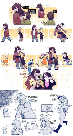 anthro antlers blonde_hair blush clothed clothing dialogue directional_arrow exclamation_point eyewear female freckles fur glasses hair heart_symbol horn hug male ponytail prank question_mark rectangular_glasses simple_background smile surprised teeth text young third-party_edit whan wjanorz_(artist) deltarune undertale undertale_(series) alphys catti_cattenheimer jockington_(deltarune) kris_dreemurr monster_kid noelle_holiday susie_(deltarune) undyne aquatic deer domestic_cat felid feline felis fish human humanoid lizard mammal new_world_deer reindeer reptile scalie 2018 comic digital_media_(artwork) english_text hi_res