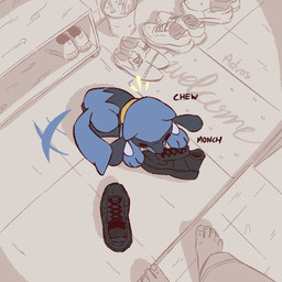 3_fingers 5_toes ambiguous_gender barefoot black_eyes blue_body blue_fur blue_tail bottomwear clothed clothed_ambiguous clothed_human clothing duo faceless_ambiguous faceless_character faceless_human feet fingers footwear fur high-angle_view humanoid_feet nails plantigrade shoes tail toenails toes advos nintendo pokemon generation_4_pokemon human mammal pokemon_(species) riolu 1:1 2025 digital_media_(artwork)