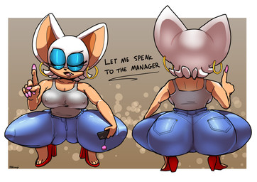 alternate_costume anthro big_breasts big_butt blue_bottomwear blue_clothing blue_eyeshadow blue_pants border bottomwear breasts brown_background bubble_butt butt butt_from_the_front cellphone cleavage clothed clothing colored_nails complaining crouching curvy_figure denim denim_bottomwear denim_clothing dialogue ear_piercing ear_ring electronics eyes_closed eyeshadow female fingernails footwear front_view fur gesture hair hand_gesture high_heels high_waisted_bottomwear hoop_ear_ring jeans long_fingernails long_nails makeup mascara nails nipple_outline open_mouth pants panty_lines phone piercing pink_nails pointing pointing_up rear_view red_clothing red_footwear red_shoes ring_piercing shirt shoes simple_background solo tank_top text thick_thighs tight_bottomwear tight_clothing tight_jeans tight_pants tight_shirt tight_topwear topwear voluptuous white_body white_border white_fur white_hair wide_hips parumpi karen_(meme) sega sonic_the_hedgehog_(series) rouge_the_bat bat mammal 2020 absurd_res english_text hi_res meme