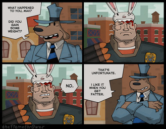 blood blood_on_face bodily_fluids clothed clothing dangling_eyeball death detailed_background dialogue gore group male severed_body_part severed_head speech_bubble text trio thef1amethr0wer sam_and_max team_fortress_2 valve heavy_(team_fortress_2) max_(sam_and_max) samuel_dog canid canine canis domestic_dog human lagomorph leporid mammal comic crossover english_text hi_res