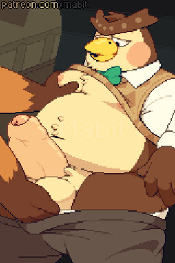 anthro ball_fondling balls beak belly big_balls big_penis blush bottomwear bow_tie brown_body clothed clothed_anthro clothed_male clothing clothing_lift disembodied_hand duo erection exhibitionism feathers fondling foreskin genitals humanoid_genitalia humanoid_penis inside male moobs museum navel nipples open_bottomwear open_clothing open_mouth open_pants overweight overweight_anthro overweight_male pants penis public public_exposure shirt shirt_lift smile solo_focus throbbing throbbing_penis topwear conditional_dnp mabit animal_crossing nintendo blathers_(animal_crossing) tom_nook_(animal_crossing) avian bird owl 2025 2:3 animated digital_media_(artwork) hi_res pixel_(artwork) pixel_animation