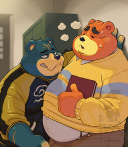 anthro belly big_belly black_nose book bottomwear clothing duo eyes_closed male male/male overweight overweight_male pants scar shirt smile sweater topwear eclipticafusion animal_crossing nintendo groucho_(animal_crossing) teddy_(animal_crossing) bear mammal 2026