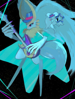 2_horns ambiguous_gender anthro big_ears biped bipedal_feral black_background black_sclera chest_tuft clothing colored_nails concert digitigrade duo electric_guitar fedora feral fingernails fluffy fluffy_tail front_view fur guitar hat hat_only head_wings headgear headgear_only headwear headwear_only holding_guitar holding_musical_instrument holding_object holding_tambourine horn huge_wings looking_at_viewer mostly_nude mostly_nude_anthro mouthless multicolored_body multicolored_eyes multicolored_fur musical_instrument nails neck_tuft notched_ear percussion_instrument pink_eyes plucked_string_instrument pupils purple_fingernails purple_nails simple_background size_difference star_(shape) string_instrument tail tambourine tan_body tan_fur teal_body teal_eyes teal_fur three-quarter_view tuft unusual_wing_placement wings gemini_kirby kirby_(series) nintendo elfilin fecto_elfilis alien chinchilla chinchillid mammal rodent starling_(kirby) 3:4 digital_drawing_(artwork) digital_media_(artwork) digital_painting_(artwork) hi_res painting_(artwork) male_(lore)