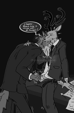 anthro anthro_on_anthro balls belt bodily_fluids bottomwear breath clenched_teeth clock clothed clothing collared_shirt desk dialogue dress_shirt duo eyes_closed fur furniture genitals hand_on_penis hand_on_shoulder handjob head_on_shoulder humanoid_genitalia humanoid_penis jacket male male/male motion_lines motion_outline name_drop name_in_dialogue name_stutter necktie on_desk onomatopoeia open_bottomwear open_clothing open_pants pants paper path_lines pen penile penis predator/prey sex shirt sitting sound_effects speech_bubble stuttering suit sweat table teeth text tongue tongue_out topwear watch writing_utensil spicedpopsicle beastars kinktober legoshi_(beastars) louis_(beastars) canid canine canis cervine deer mammal red_deer wolf 2020 english_text greyscale hi_res monochrome