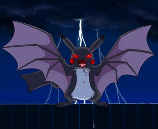 ambiguous_gender black_body black_fur blood bodily_fluids cloud electricity fangs feral front_view fur glowing glowing_eyes lightning looking_at_viewer membrane_(anatomy) membranous_wings open_mouth outside realistic_wings red_eyes sky smile solo standing teeth tongue wings sklavenbrause nintendo pokemon generation_1_pokemon mammal pikachu pokemon_(species) rodent vampire