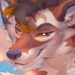ambiguous_anthro ambiguous_gender anthro black_eyes black_hair blue_sky brown_body brown_ears brown_fur cheek_tuft cloud facial_tuft fangs front_view fur hair looking_at_viewer messy_hair mouth_closed multicolored_hair narrowed_eyes neck_tuft orange_hair orange_sclera pupils short_hair sky solo sparkles teeth tuft two_tone_hair white_body white_fur white_pupils famir canid canine mammal 1:1 2025 dated signature