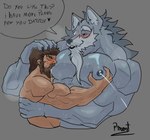 absurd_res anthro arm_hair barazoku beard blue_body blue_fur blush bodily_fluids body_hair breastfeeding canid canine canis dialogue duo duo_focus eyebrows facial_hair fur group hairy hi_res hug hugging_another human human_on_anthro interspecies lactating law_(sdorica) male male/male male_lactation mammal muscular muscular_anthro muscular_male patting pec_grab pec_squeeze pec_squish pecs pinumontbalou sdorica sucking suckling sweat wolf