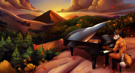 anthro autumn black_hair blue_eyes bottomwear brown_body brown_fur clothed clothing detailed_background falling_leaves forest fur grand_piano hair high_place keyboard_instrument leaf loincloth male mountain musical_instrument nature orange_body orange_fur outside piano plant scenic_view sitting solo sunset topless tree white_body white_fur wind chibi-marrow canid canine fox mammal digital_media_(artwork) hi_res
