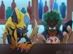 ambiguous_gender anthro bar bottle clothing container feathers group inside smile trio itz_smi73 nintendo pokemon decidueye generation_7_pokemon legendary_pokemon pokemon_(species) rowlet zeraora