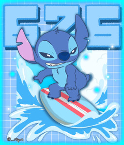 3_toes 4_fingers anthro biped blue_body blue_border blue_eyes blue_fur blue_nose border chest_tuft feet fingers fur geometric_background grid_background head_tuft male narrowed_eyes notched_ear pattern_background simple_background smile smirk solo surfboard surfing text toes tuft wave h1yo3 disney lilo_and_stitch stitch_(lilo_and_stitch) alien experiment_(lilo_and_stitch) 2026 artist_name digital_drawing_(artwork) digital_media_(artwork) hi_res