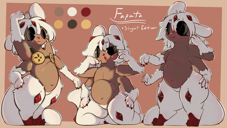 4_arms alternate_species black_eyes claws dark_body dark_skin eyewear female fluffy fur goggles hair happy multi_arm multi_limb navel open_mouth red_claws semi-anthro simple_background slightly_chubby smile solo white_body white_fur white_hair wide_hips cutie_clanket made_in_abyss rain_world videocult faputa_(isfaputa) slugcat slugcat_humanoid 16:9 hi_res model_sheet widescreen