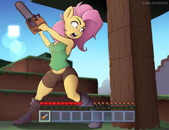 anthro chainsaw female power_tool solo tools felixf friendship_is_magic hasbro microsoft minecraft mojang my_little_pony xbox_game_studios fluttershy_(mlp) equid equine horse mammal pony hi_res