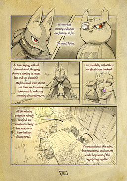 anthro biped bodily_fluids chest_spike cloak clothing dialogue eyewear feral furniture group hand_spike hat headgear headwear inside monocle open_mouth page_number red_eyes spikes spikes_(anatomy) sweat table tail text truescorn nintendo pokemon pokemon_mystery_dungeon shadows_for_hire spike_chunsoft asche_(truescorn) clarity_(truescorn) orchid_(truescorn) generation_2_pokemon generation_3_pokemon generation_4_pokemon grumpig lucario noctowl pokemon_(species) slowking weavile 2025 comic english_text hi_res