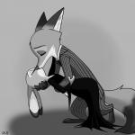 anthro duo eyes_closed female fur kissing male male/female romantic romantic_couple skelly_doll disney the_addams_family zootopia gomez_addams judy_hopps morticia_addams nick_wilde canid canine fox lagomorph leporid mammal rabbit red_fox true_fox 1:1 2017 crossover greyscale hi_res monochrome