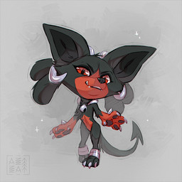 anthro big_ears big_head black_body black_eyelids black_fur black_pawpads cheek_tuft chibi claws eyelashes facial_tuft fangs female fur grey_claws grey_horn horn leg_bracelet nude orange_body orange_fur pawpads red_eyes sharp_teeth simple_background smug solo standing tail teeth tuft azzai nintendo pokemon generation_2_pokemon houndoom hybrid pokemon_(species) 1:1 2025 colored colored_sketch digital_drawing_(artwork) digital_media_(artwork) shaded sketch