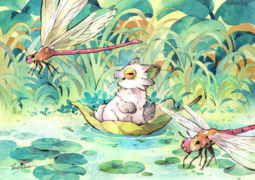 ambiguous_gender antennae_(anatomy) exoskeleton feral flying fur grass group horizontal_pupils insect_wings leaf lily_pad open_mouth outside pink_body pink_exoskeleton plant pupils sitting smile tail water white_body white_fur wings animalk arthropod canid dragonfly insect mammal 2022