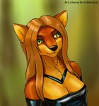 anthro blonde_hair brown_body brown_fur choker clothing dress fantasy female fur glistening glistening_clothing gloves green_eyes hair handwear jewelry leather necklace solo topwear yellow_body yellow_fur shinard blansh_(dark_gods) gulonine mammal marten mustelid musteline digital_drawing_(artwork) digital_media_(artwork) half-length_portrait portrait