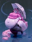 anthro belly belly_overhang big_belly big_butt breasts butt clothing female footwear hair long_tail navel obese obese_anthro obese_female overweight overweight_anthro overweight_female pink_hair raining socks solo tail umbrella wet wet_clothing wet_footwear wet_socks white_body miluinaoxie mythology dragon mythological_creature mythological_scalie scalie absurd_res hi_res