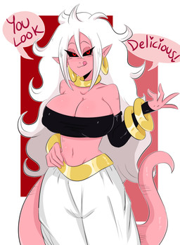 arm_warmers armwear black_sclera bracelet clothing ear_piercing female hair harem_pants jewelry licking licking_lips licking_own_lips looking_at_viewer midriff navel not_furry piercing pink_body pink_skin pink_tail purple_hair red_background red_eyes self_lick simple_background solo standing tail text tongue tongue_out white_background white_hair jinu dragon_ball dragon_ball_fighterz android_21 majin_android_21 alien alien_humanoid humanoid majin digital_media_(artwork) english_text hi_res unavailable_at_source