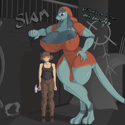 3_toes 5_fingers anthro armor big_breasts big_butt big_nipples black_clothing black_shirt black_tank_top black_topwear blue_eyes boots bottomwear breasts brown_bottomwear brown_clothing brown_helmet brown_pants butt claws cleavage clothed clothing dress duo fangs feet female finger_claws fingers fist footwear grey_boots grey_claws grey_clothing grey_footwear grey_hair grey_nipples hair half-closed_eyes hammer headgear helmet holding_hammer holding_object holding_tool huge_breasts huge_butt huge_nipples huge_thighs ineffective_clothing kabedon larger_anthro larger_female looking_at_another looking_at_viewer looking_down narrowed_eyes nipples onomatopoeia open_mouth orange_clothing orange_dress orange_robe pants pupils robe sharp_teeth shirt shoes size_difference smaller_female smaller_human smile sound_effects tan_body tan_skin tank_top teeth text thick_thighs toes tools topwear yellow_eyes kaliburr_advanced psychopomp_(video_game) kvenash_vishneri_(psychopomp) human mammal scalie thrait 1:1 hi_res
