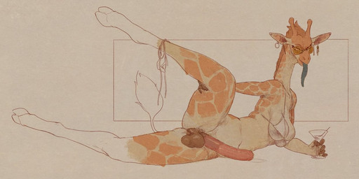 anthro backsack balls beverage big_penis bikini bikini_bottom bikini_bottom_removed bikini_top breasts clothing erection fur genitals gynomorph gynomorph_anthro intersex intersex_anthro lying markings on_side orange_body orange_fur penis presenting relaxing simple_background solo spots spotted_body swimwear tail tan_background tongue tongue_out two-piece_swimsuit flowerdino giraffe giraffid mammal
